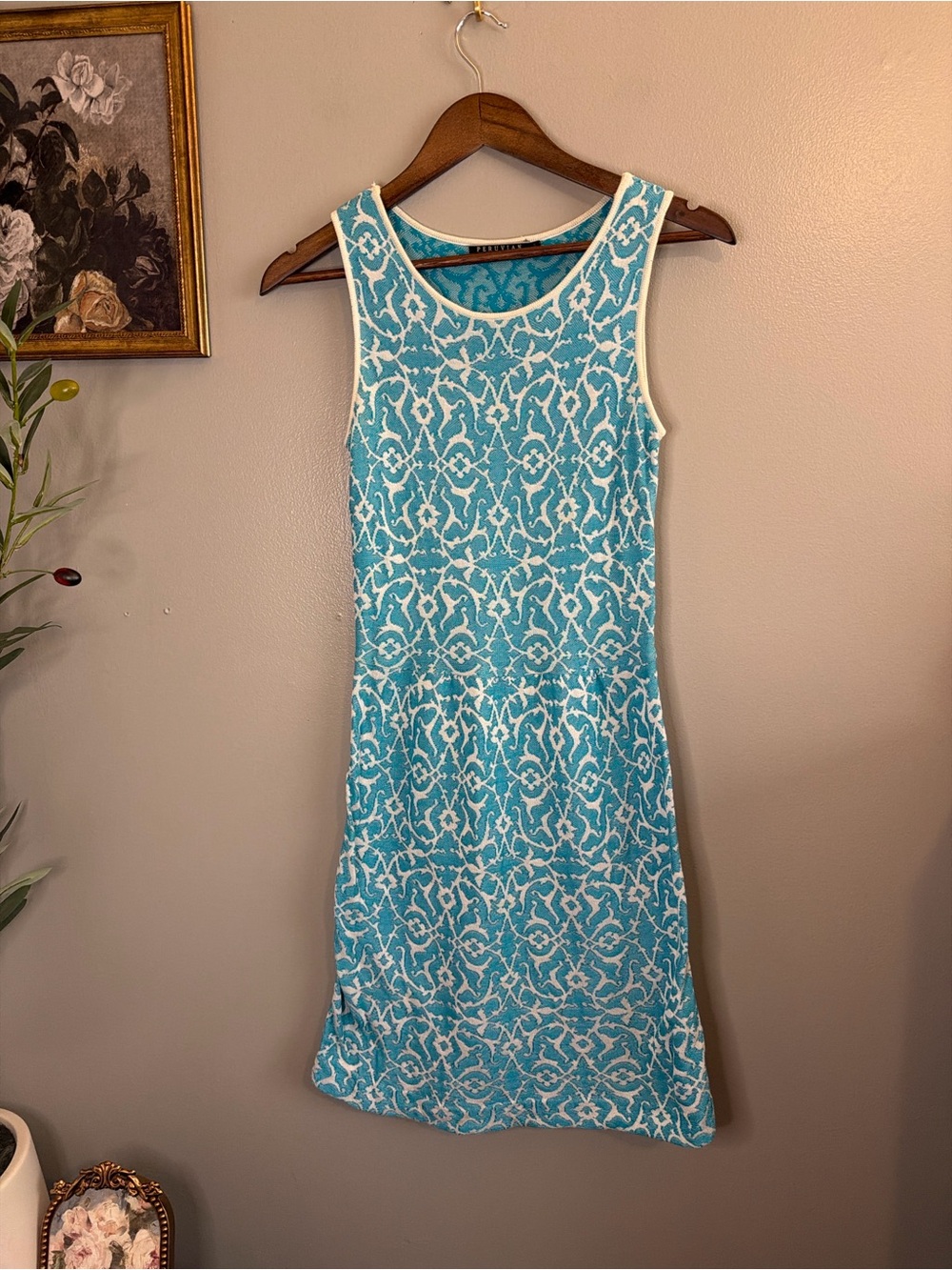 Peruvian Connection Turquoise White Sleeveless Mini Dress - Picture 2 of 7